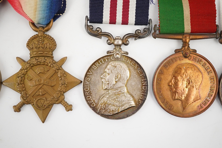 Seven First World War medals, including a Military Medal (MM) group comprising of an MMand a 1914 Star awarded to 7993 Pte. W. Grundy 1/R. SC. FUS., Military Medal possibly renamed, together with a WWI trio awarded to 22